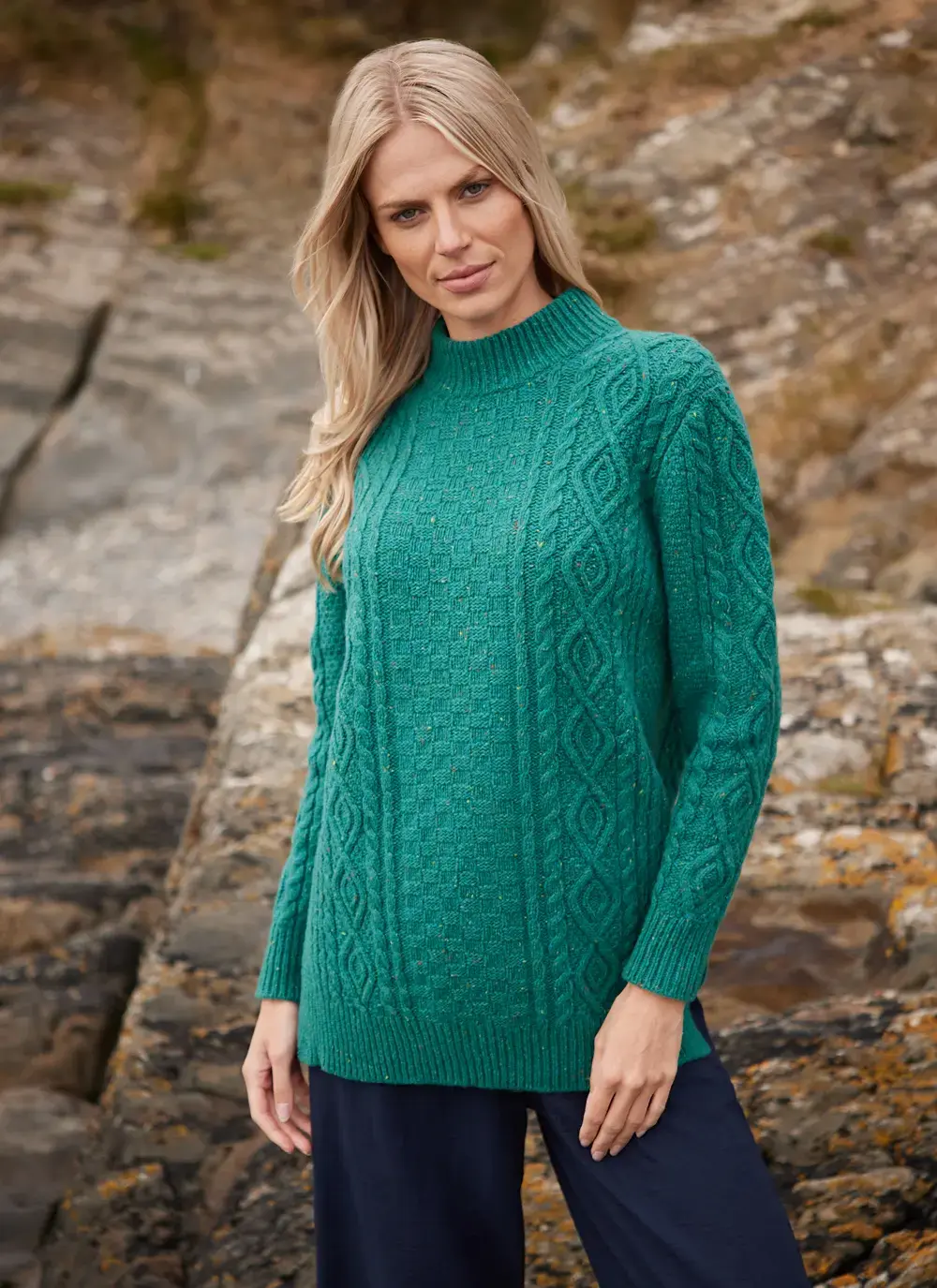 Grainne Wool Cashmere Turtle Neck Aran Sweater in Jade Cable, Diamond, Basketweave Stitch